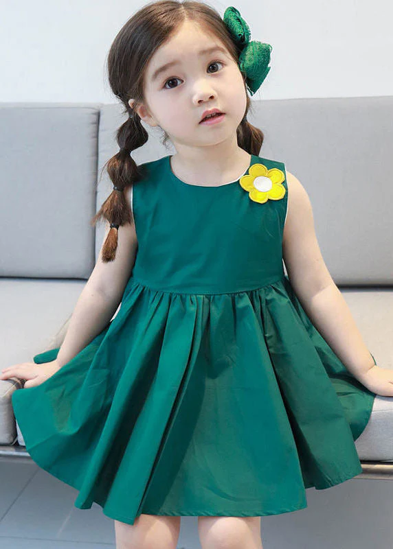 Lovely Yellow Floral Patchwork Cotton Girls Mid Dresses Sleeveless - Image 2