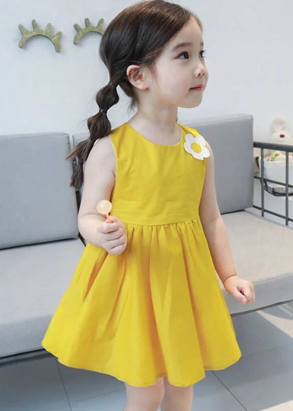 Lovely Yellow Floral Patchwork Cotton Girls Mid Dresses Sleeveless - Image 3