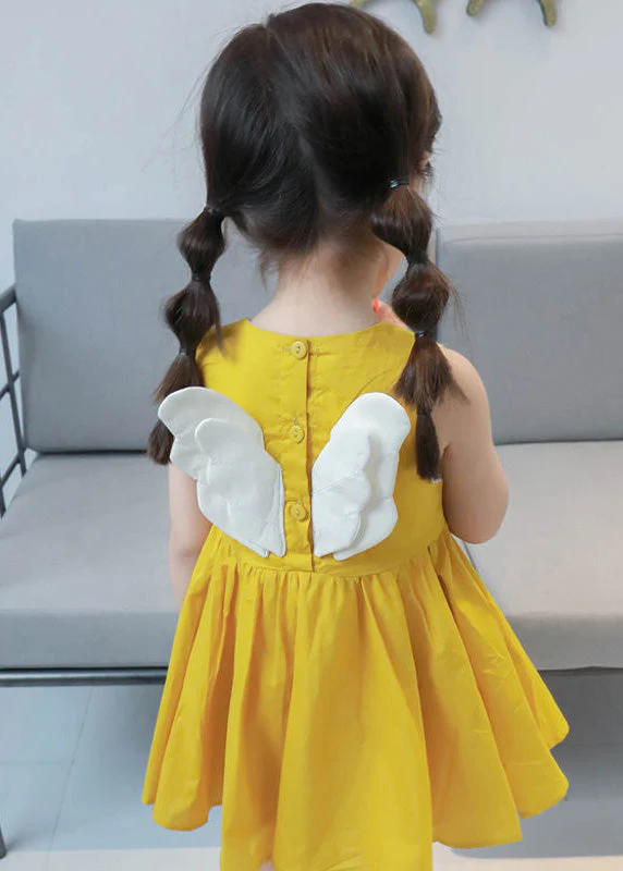 Lovely Yellow Floral Patchwork Cotton Girls Mid Dresses Sleeveless - Image 5