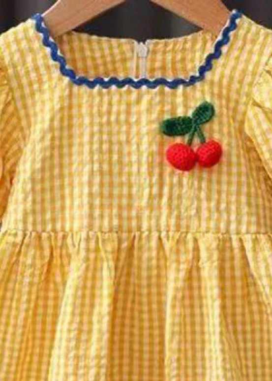 Lovely Yellow Plaid Floral Patchwork Cotton Baby Maxi Dress Short Sleeve - Image 5