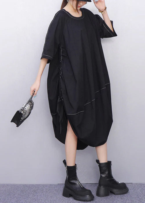 Minimalist Black Lace Up Oversized Cotton Dress Half Sleeve - Image 4