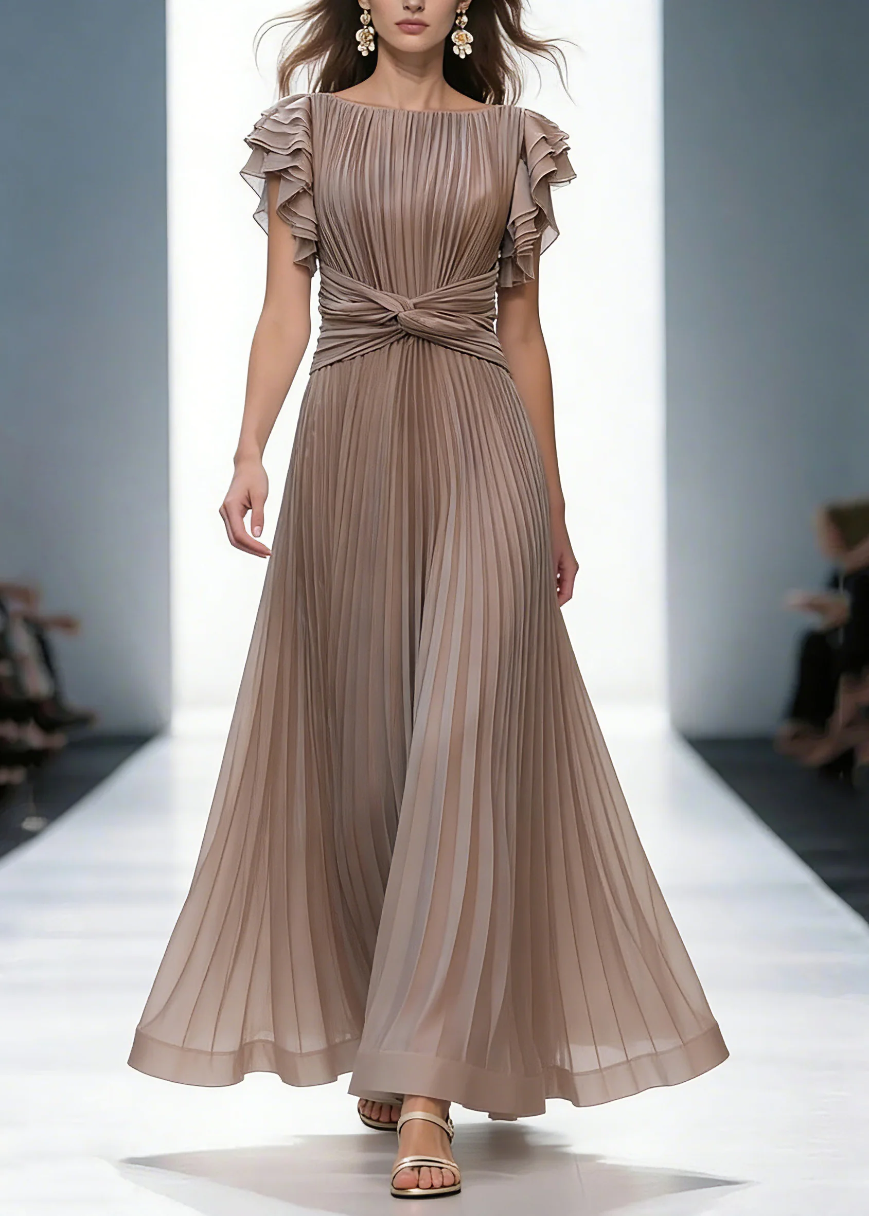 Mocha Elegant Queen Pleated Ruffle Sleeve Cross Waist Maxi Dress - Image 3