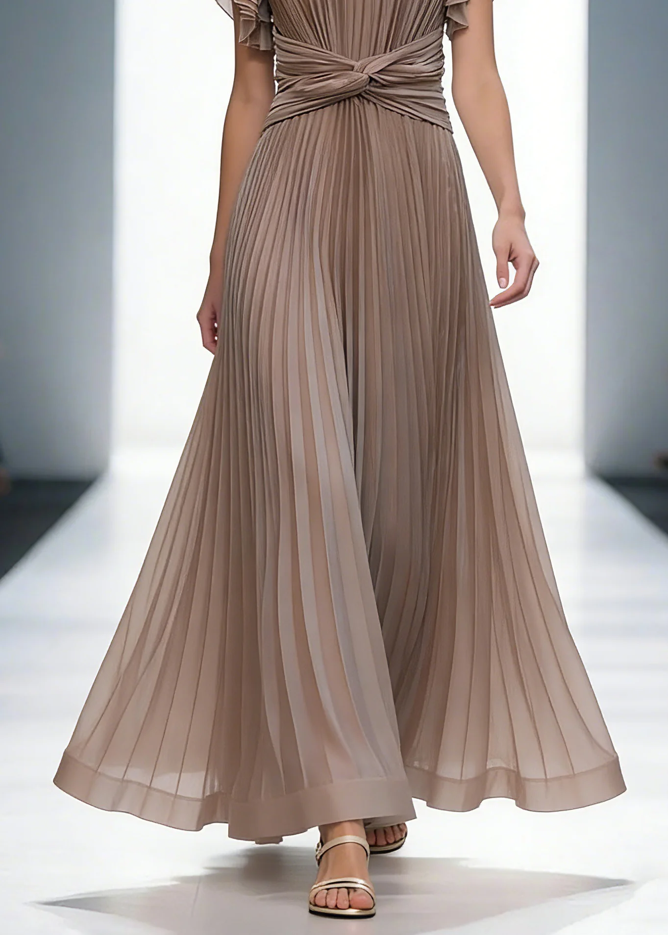 Mocha Elegant Queen Pleated Ruffle Sleeve Cross Waist Maxi Dress - Image 4