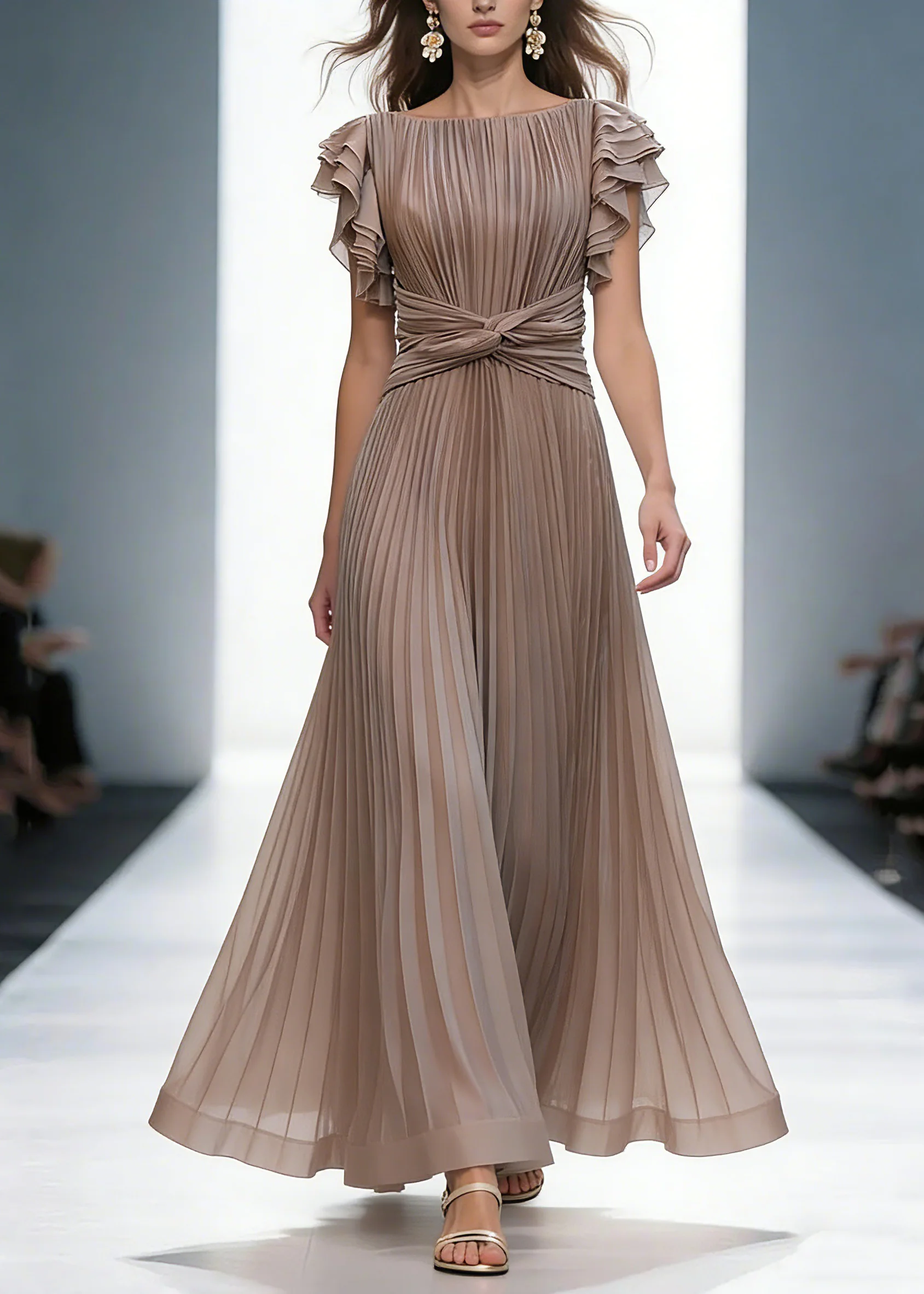 Mocha Elegant Queen Pleated Ruffle Sleeve Cross Waist Maxi Dress - Image 5