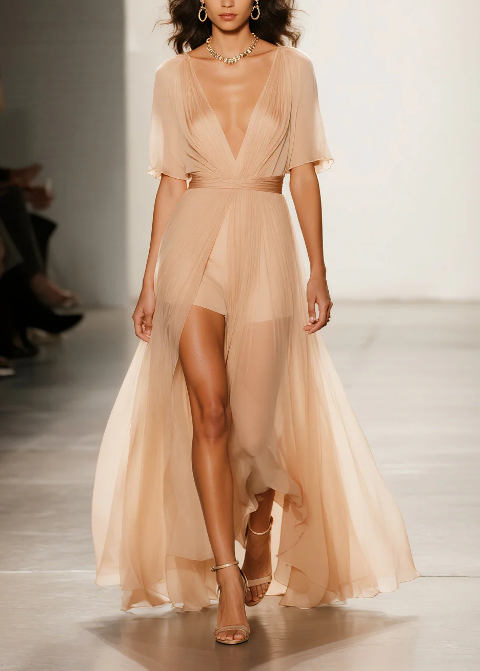 Modern Apricot Exra Large Hem Sheer Tulle Vestidos Dress Summer - Image 3