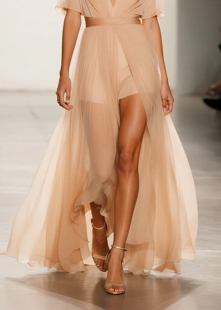 Modern Apricot Exra Large Hem Sheer Tulle Vestidos Dress Summer - Image 4