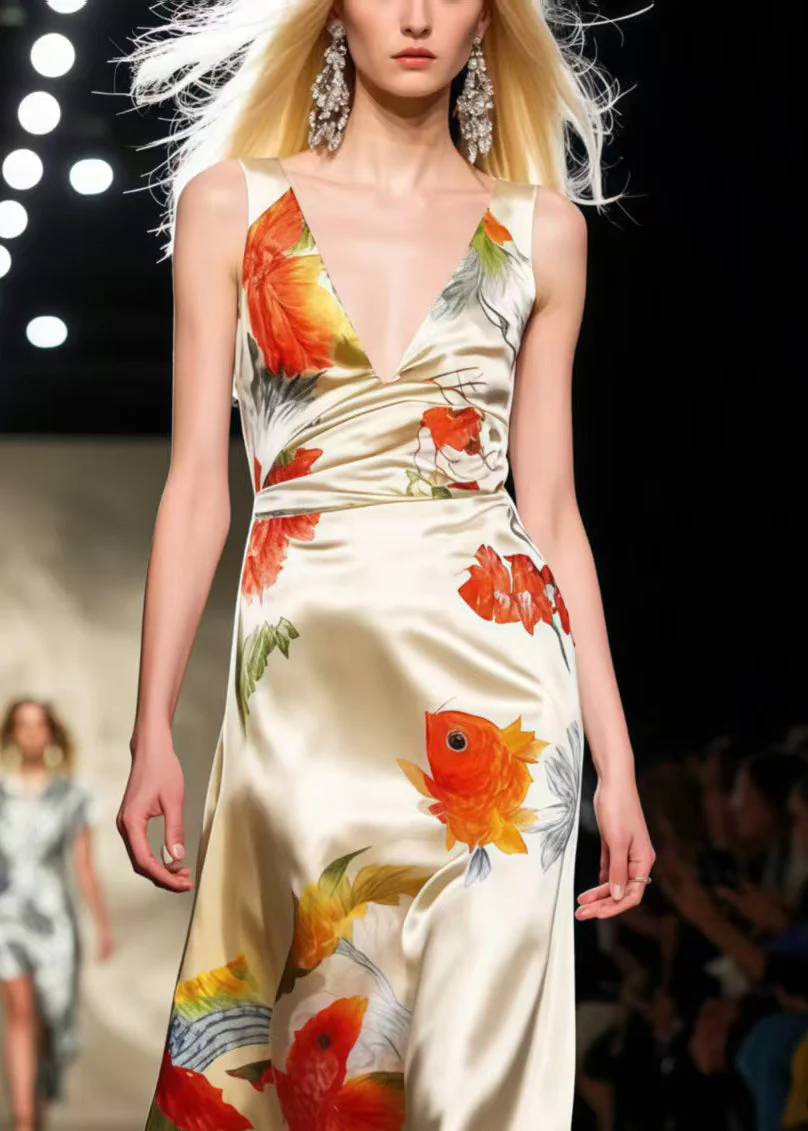 Modern Apricot Koi Fish Print Draping Silk Vestidos Dresses Sleeveless - Image 2