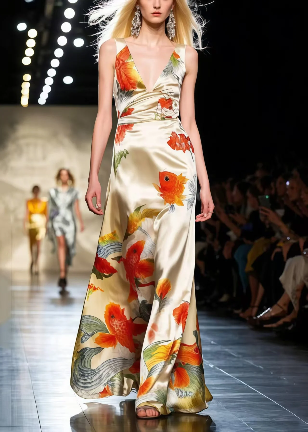 Modern Apricot Koi Fish Print Draping Silk Vestidos Dresses Sleeveless - Image 5