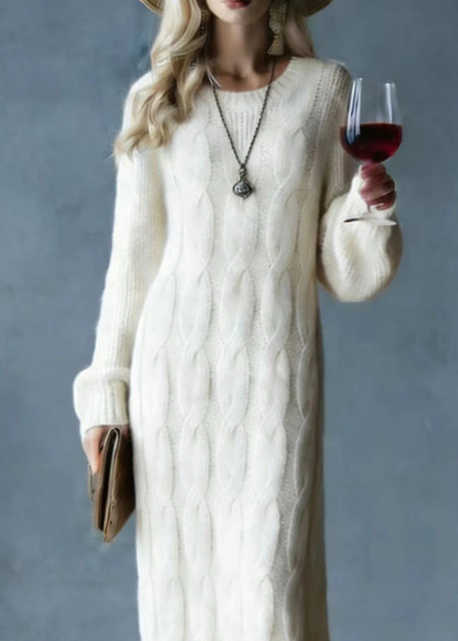 Modern Apricot O Neck Cozy Warm Knit Sweater Dress Spring - Image 2