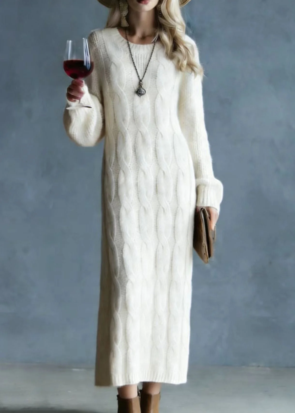 Modern Apricot O Neck Cozy Warm Knit Sweater Dress Spring - Image 3