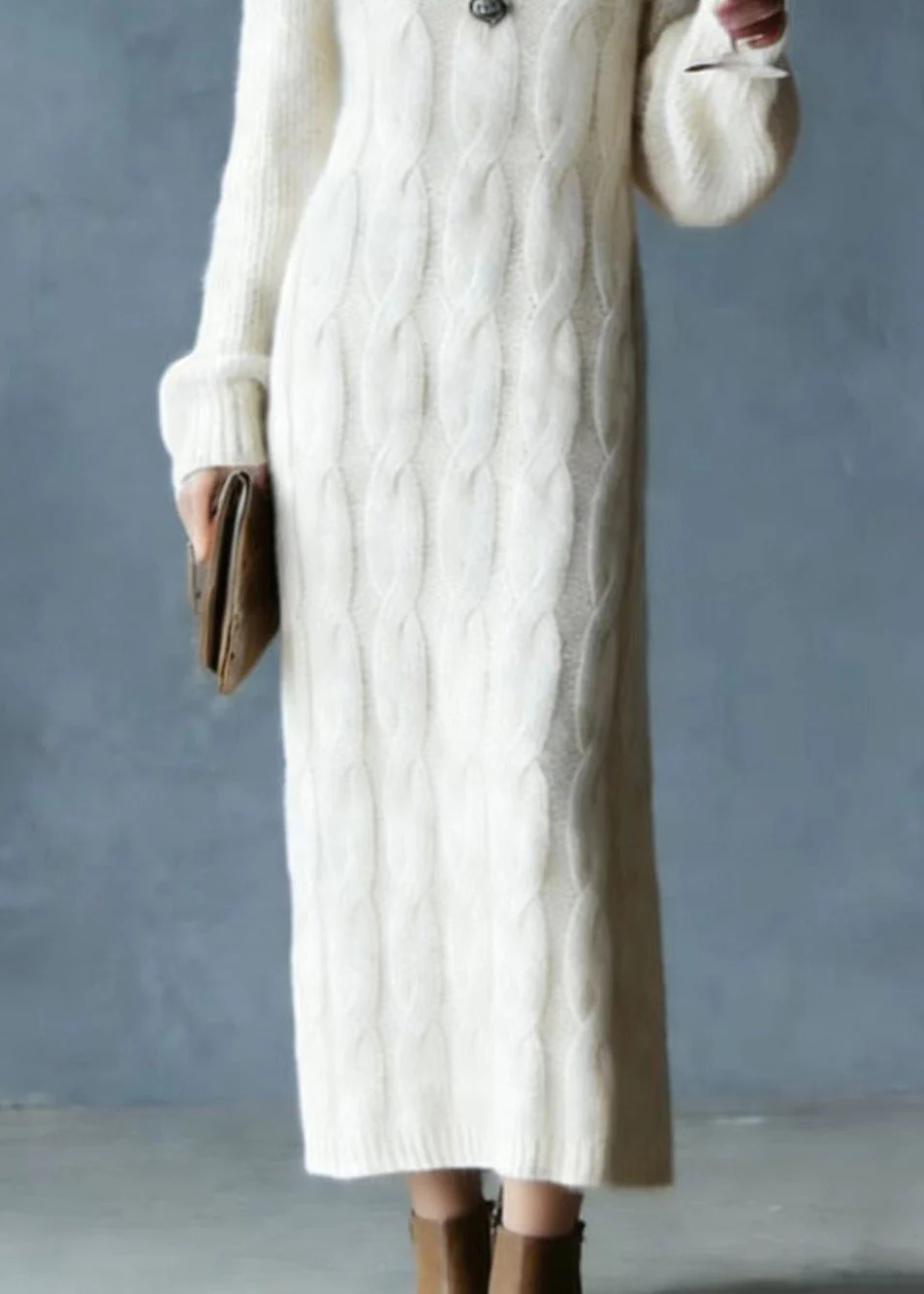 Modern Apricot O Neck Cozy Warm Knit Sweater Dress Spring - Image 4