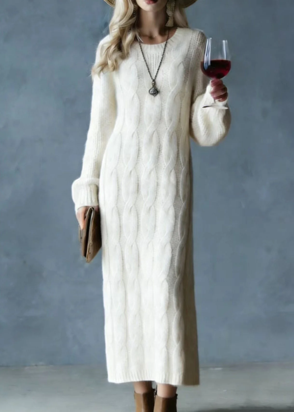Modern Apricot O Neck Cozy Warm Knit Sweater Dress Spring - Image 5