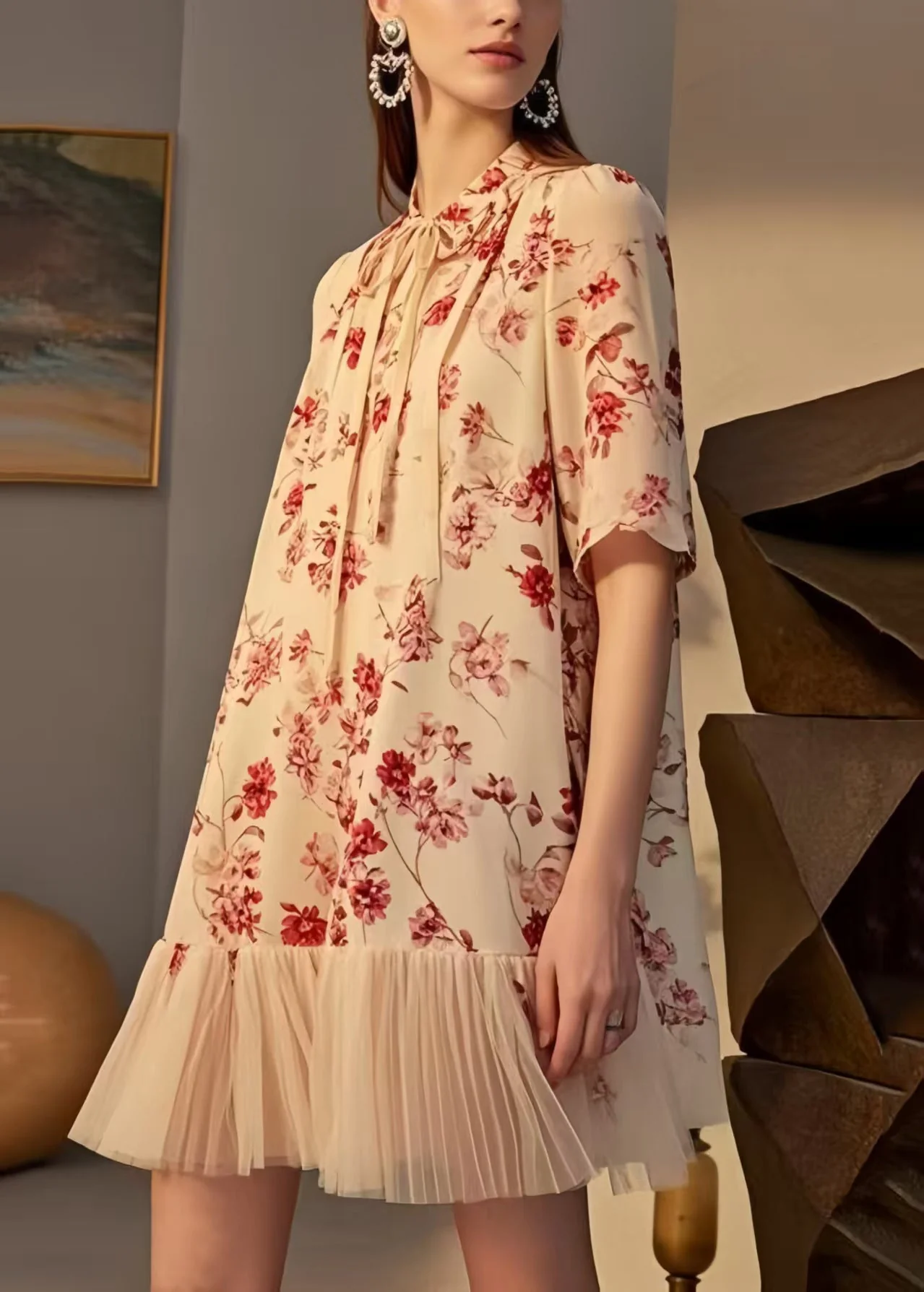 Modern Apricot Print Patchwork Chiffon Tea Dresses Summer - Image 3