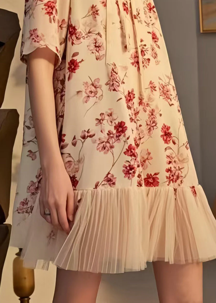 Modern Apricot Print Patchwork Chiffon Tea Dresses Summer - Image 4