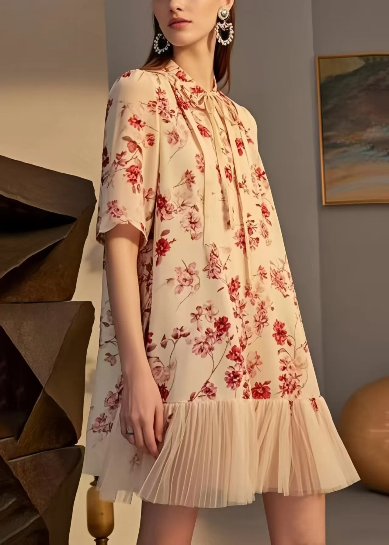 Modern Apricot Print Patchwork Chiffon Tea Dresses Summer - Image 5