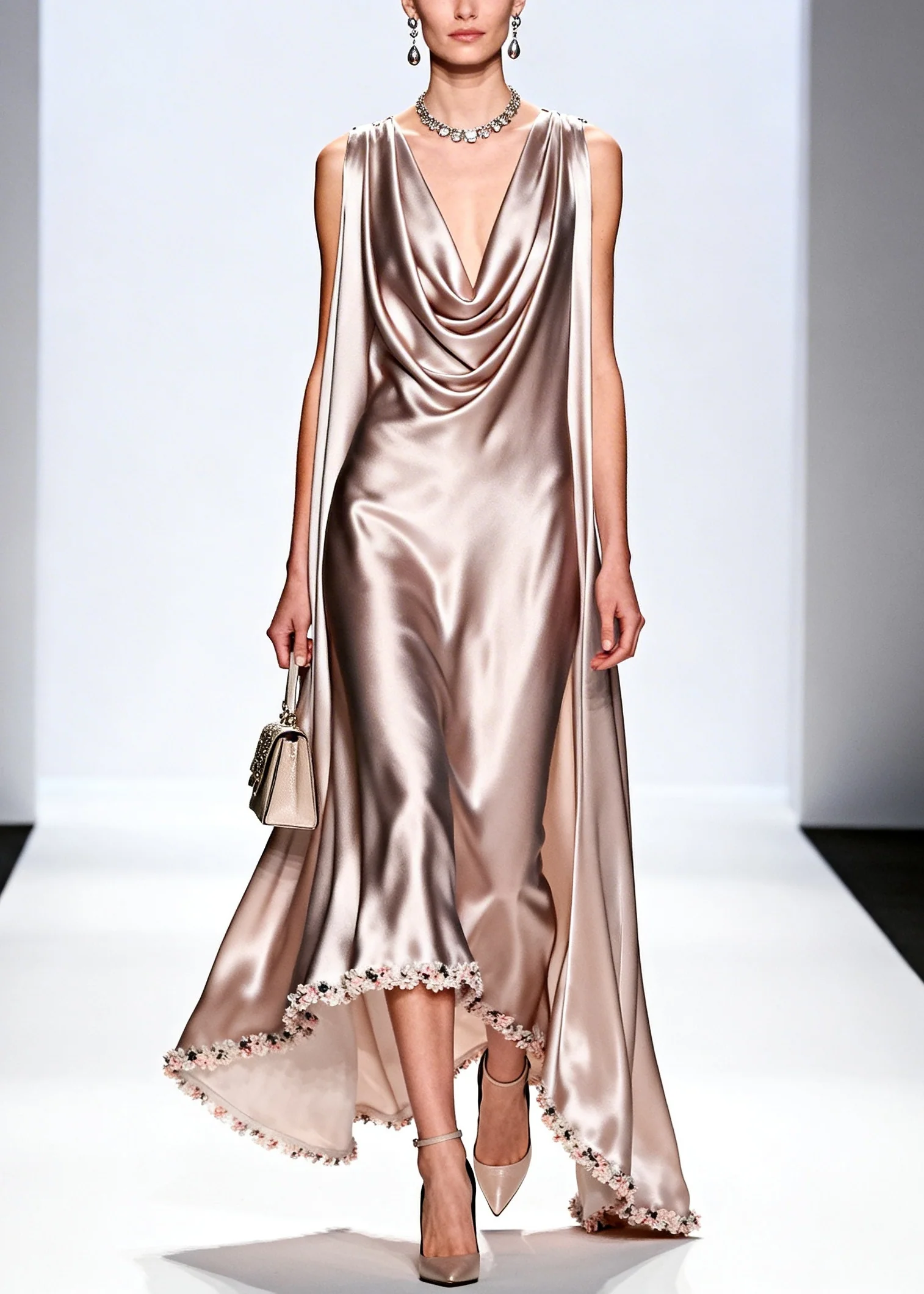 Modern Apricot Turtle Neck Patchwork Flower Silk Dresses Sleeveless - Image 5