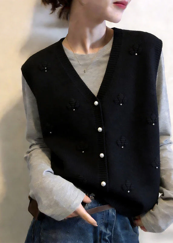 Modern Apricot V Neck Floral Button Cotton Knit Waistcoat Sleeveless - Image 2