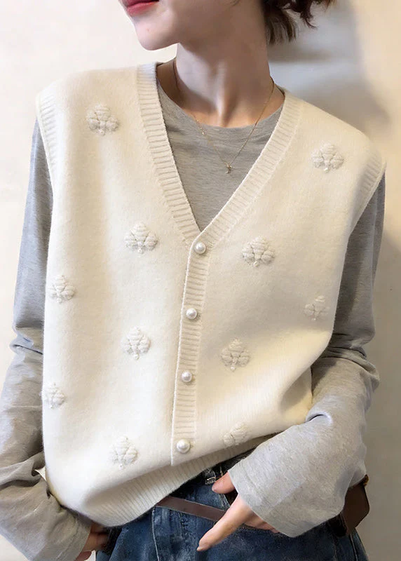 Modern Apricot V Neck Floral Button Cotton Knit Waistcoat Sleeveless - Image 3