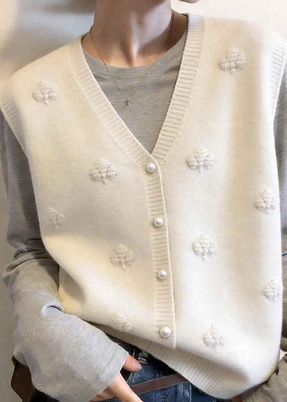 Modern Apricot V Neck Floral Button Cotton Knit Waistcoat Sleeveless - Image 4