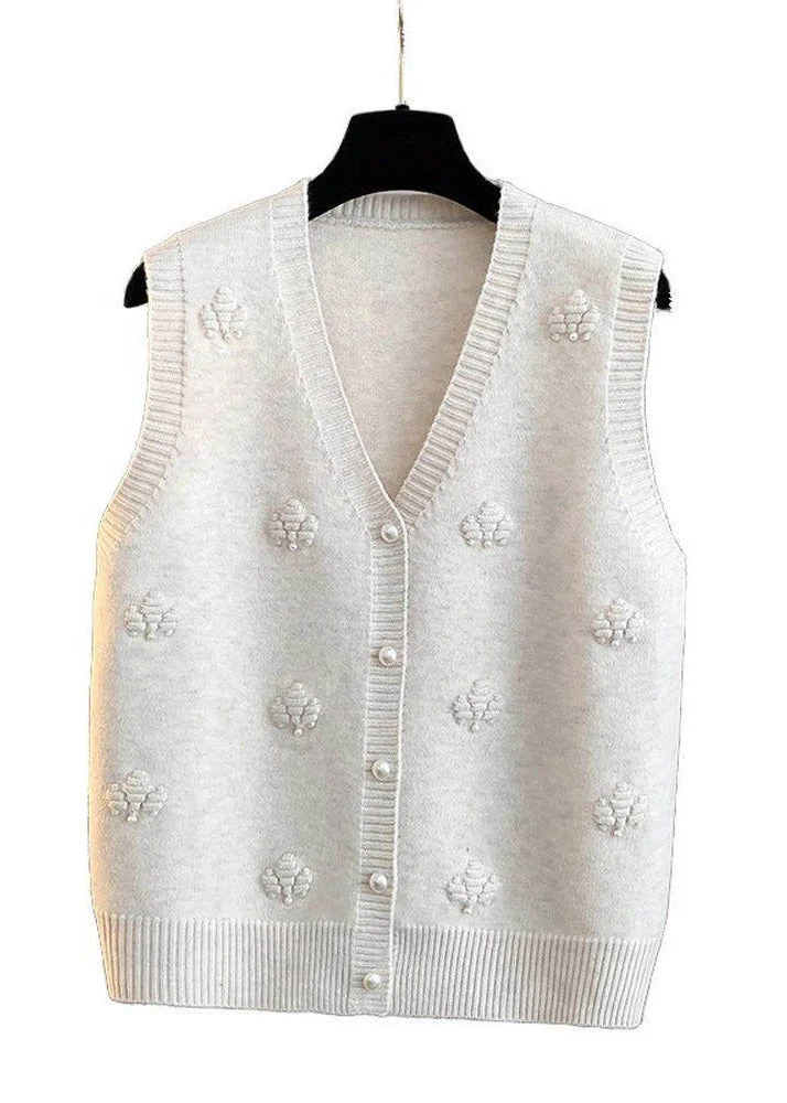 Modern Apricot V Neck Floral Button Cotton Knit Waistcoat Sleeveless - Image 5