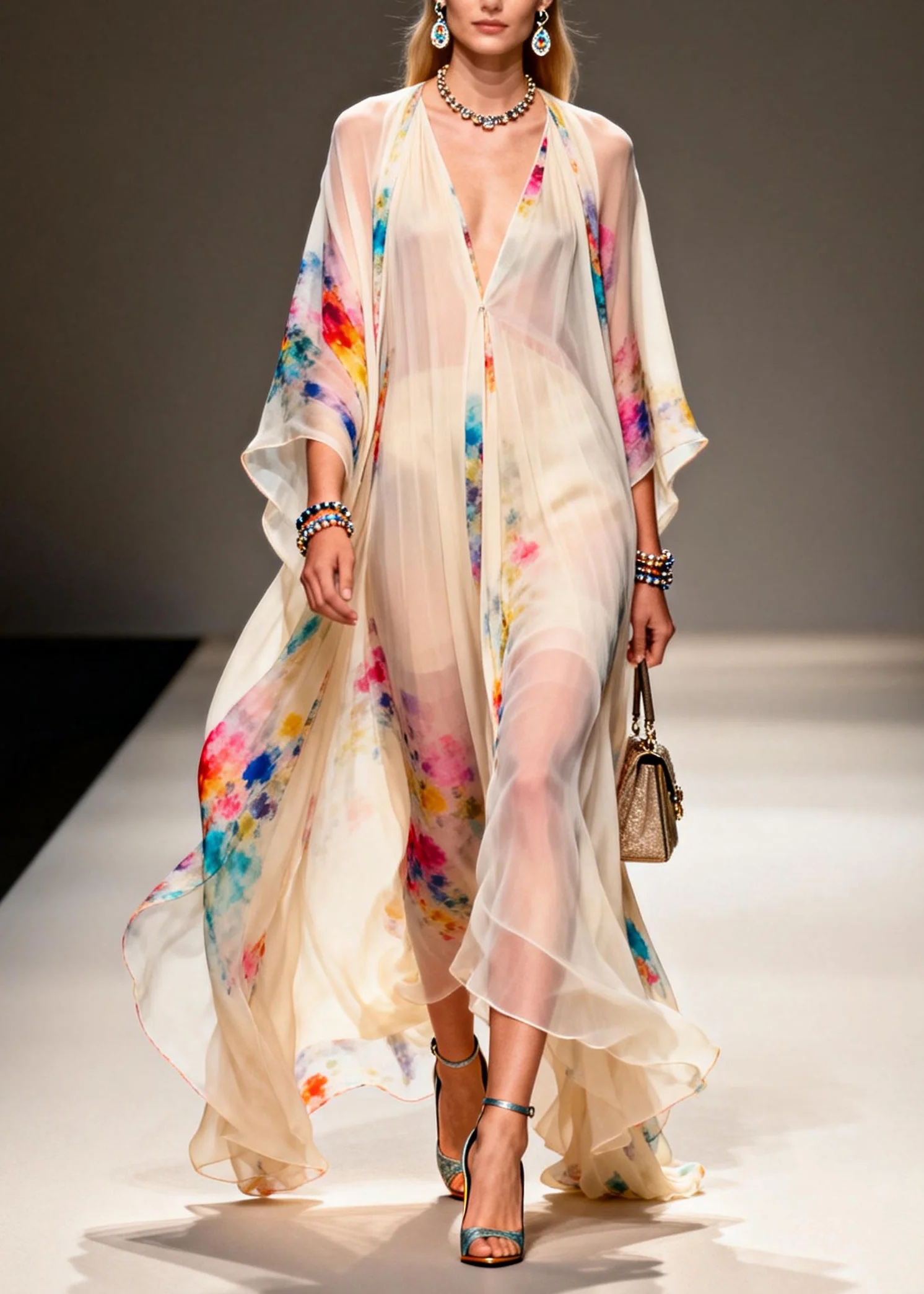 Modern Apricot V Neck Print Chiffon Holiday Dress Summer - Image 3