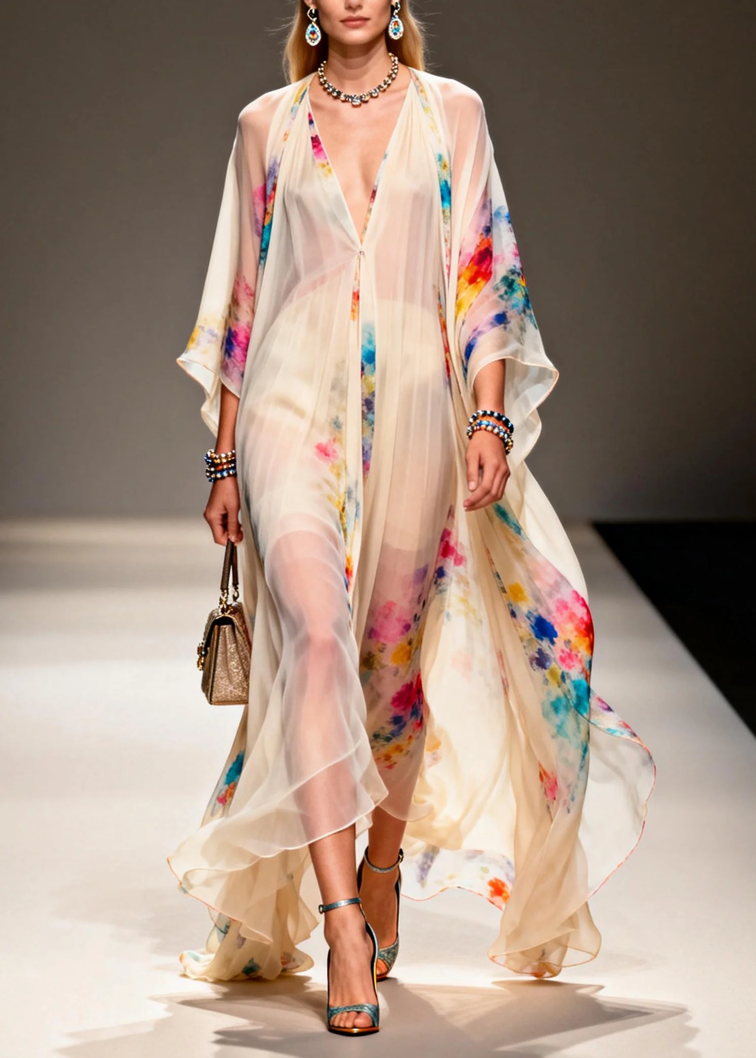 Modern Apricot V Neck Print Chiffon Holiday Dress Summer - Image 5