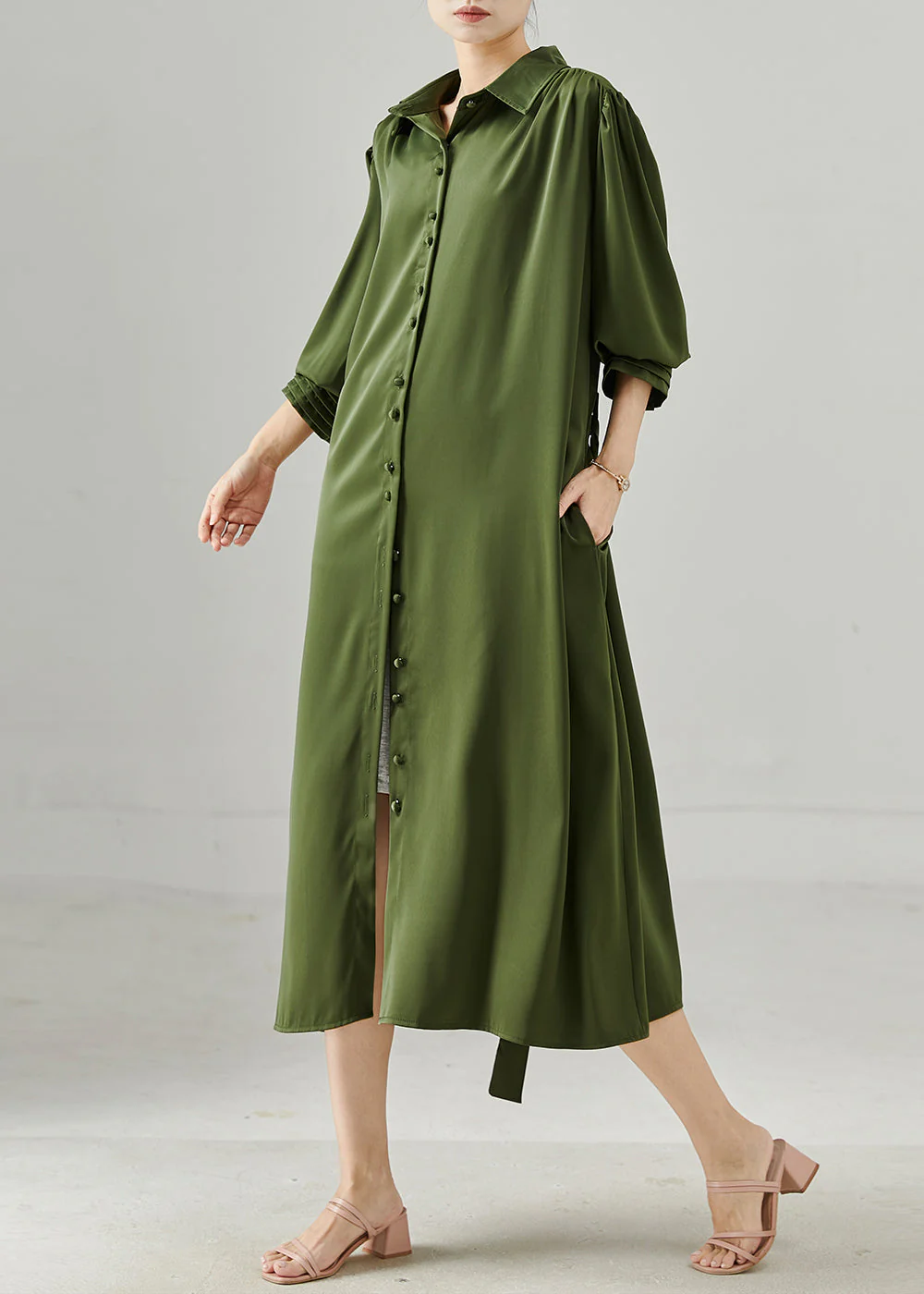 Modern Army Green Tie Waist Chiffon Dress Spring - Image 2