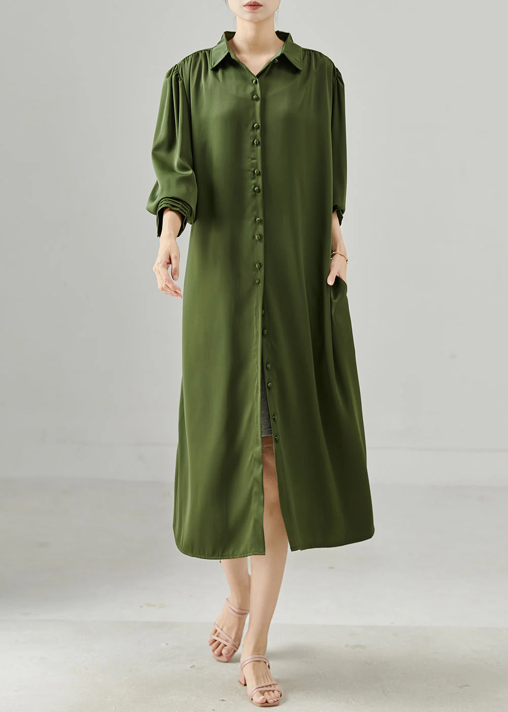 Modern Army Green Tie Waist Chiffon Dress Spring - Image 3