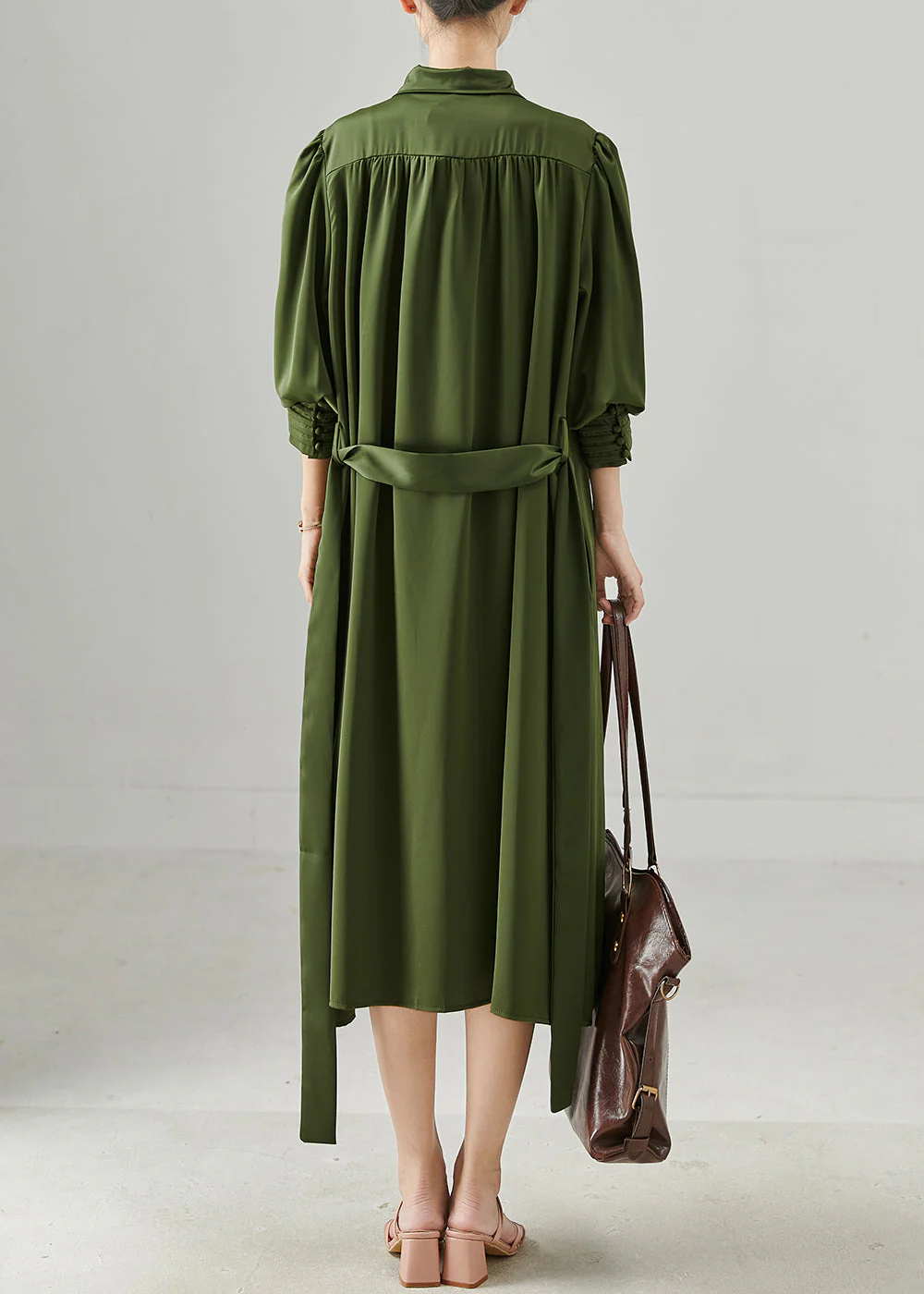 Modern Army Green Tie Waist Chiffon Dress Spring - Image 4