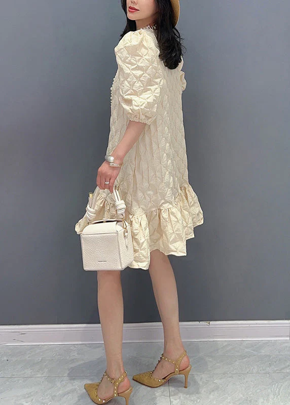 Modern Beige O-Neck Plaid Mid Dress Summer - Image 4