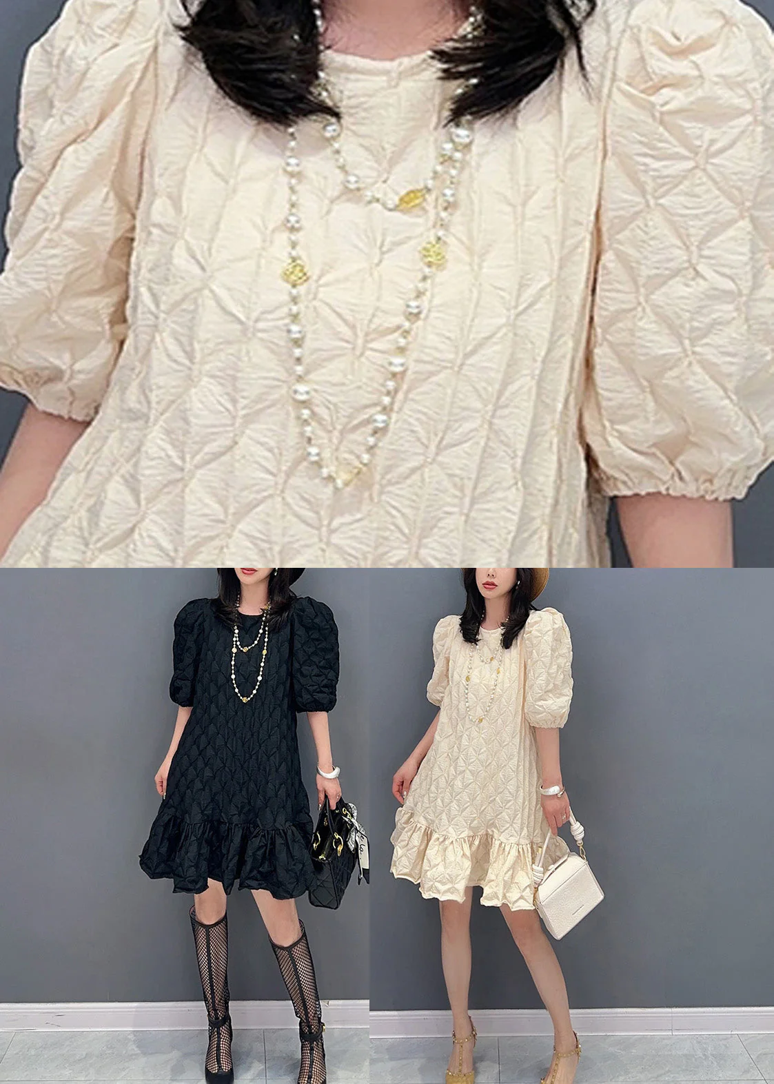 Modern Beige O-Neck Plaid Mid Dress Summer - Image 5