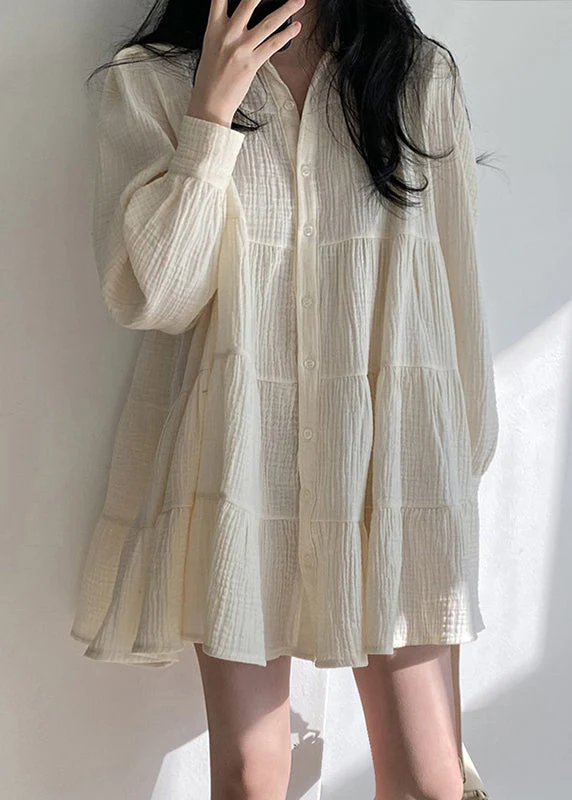 Modern Beige Oversized Wrinkled Cotton Shirt Dresses Spring - Image 3