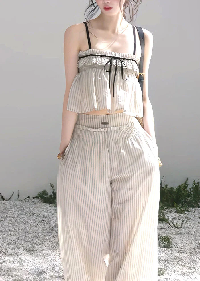 Modern Beige Ruffled Striped Cotton Bow Women Sets 2 Pieces Summer - Image 3