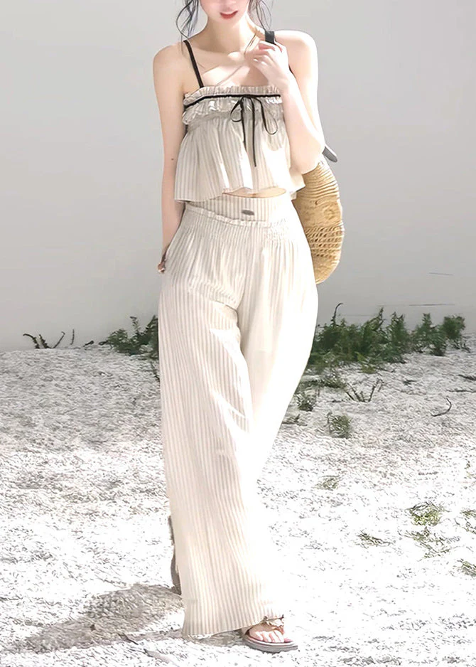 Modern Beige Ruffled Striped Cotton Bow Women Sets 2 Pieces Summer - Image 4
