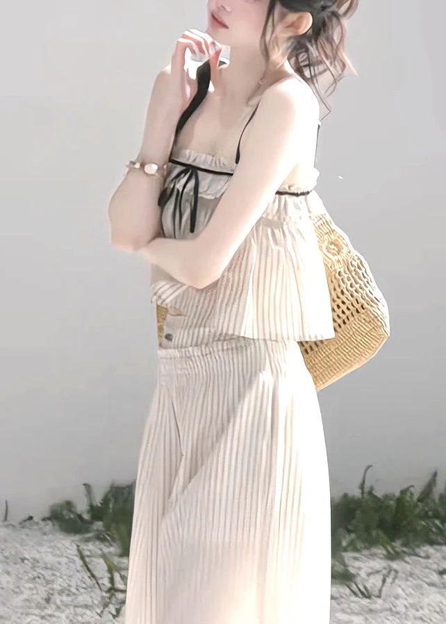 Modern Beige Ruffled Striped Cotton Bow Women Sets 2 Pieces Summer - Image 5