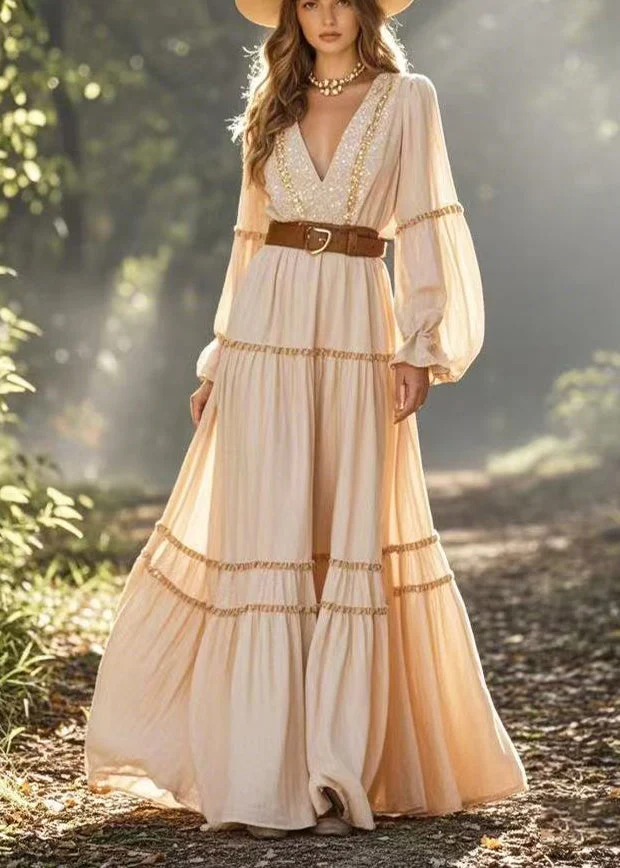 Modern Beige Sequins Exra Large Hem Cinched Dresses Lantern Sleeve - Image 5