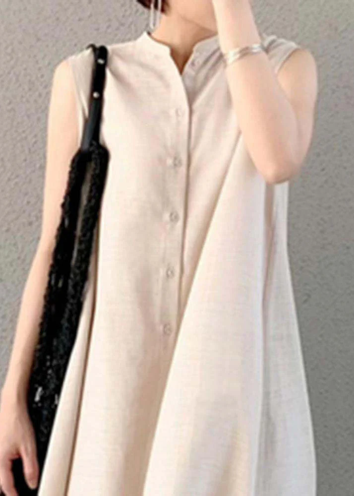 Modern Beige Stand Collar Patchwork Linen Dresses Sleeveless - Image 2