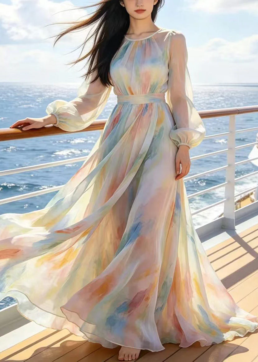 Modern Beige Tie Dye Exra Large Hem Chiffon Holiday Dress Summer - Image 3
