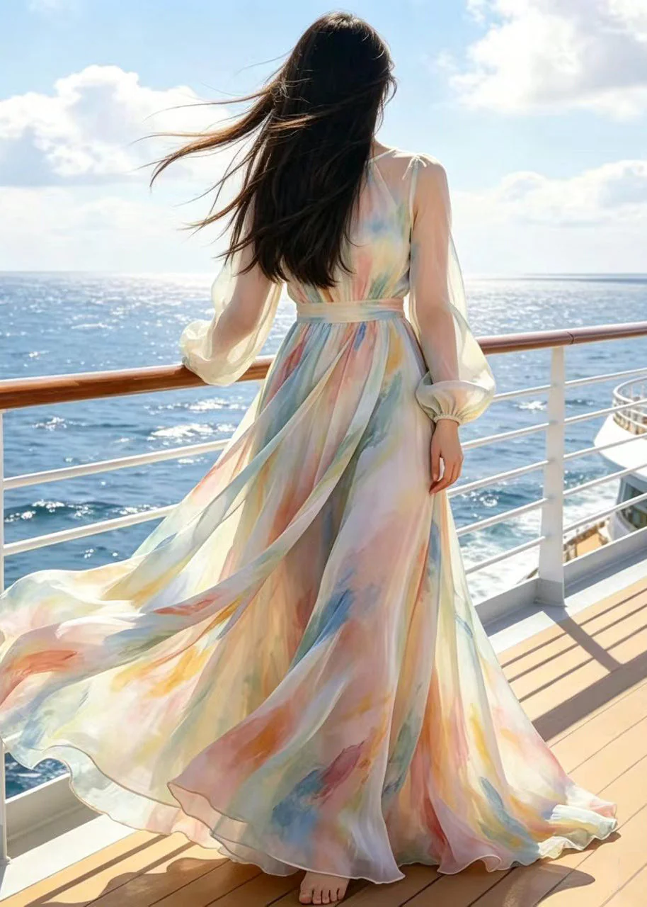 Modern Beige Tie Dye Exra Large Hem Chiffon Holiday Dress Summer - Image 4