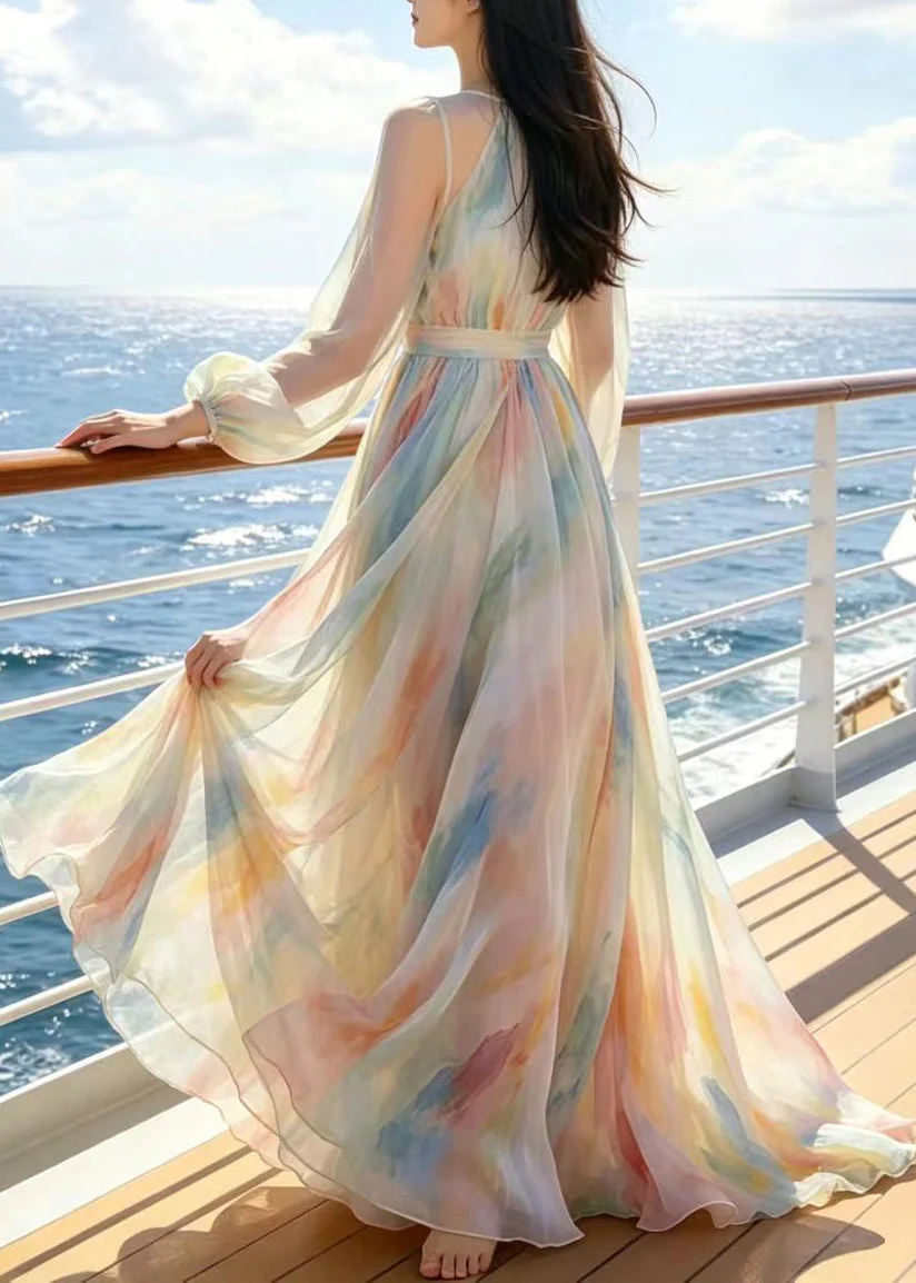 Modern Beige Tie Dye Exra Large Hem Chiffon Holiday Dress Summer - Image 5