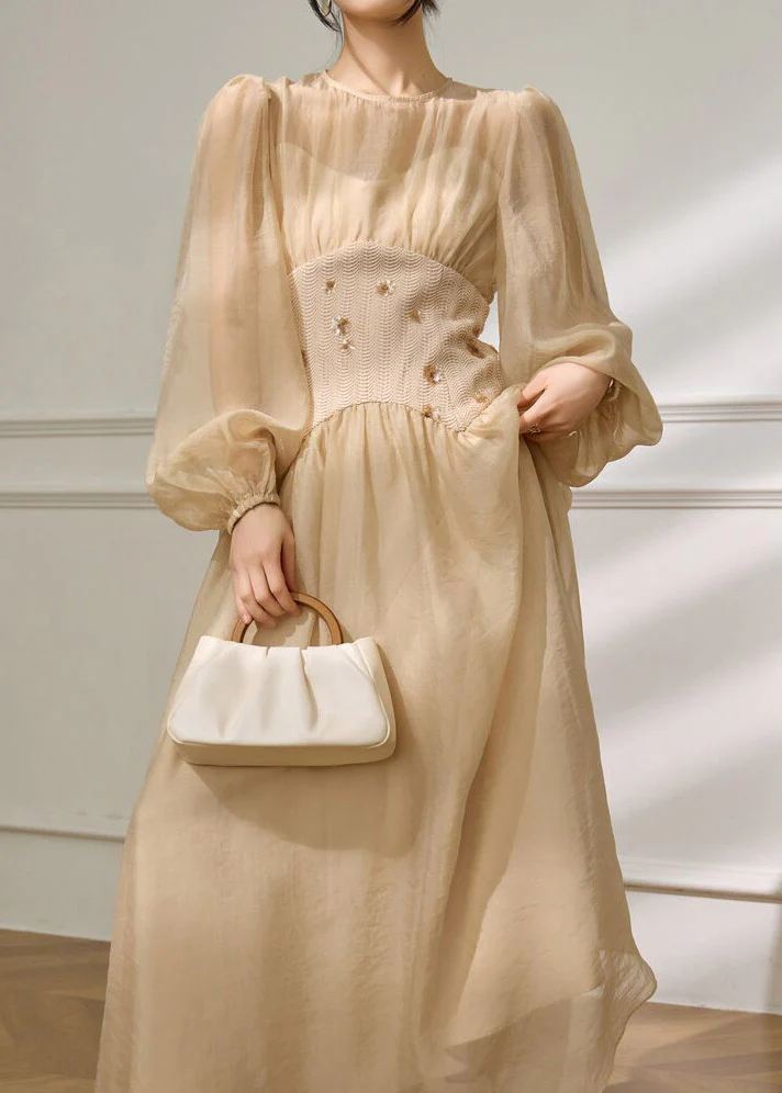 Modern Beige Tulle Patchwork Tunic Maxi Dresses Spring - Image 2