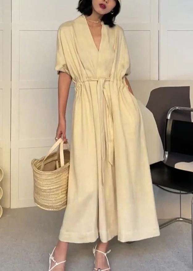 Modern Beige V Neck Pockets Drawstring Cotton Dress Summer - Image 2