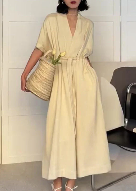 Modern Beige V Neck Pockets Drawstring Cotton Dress Summer - Image 3