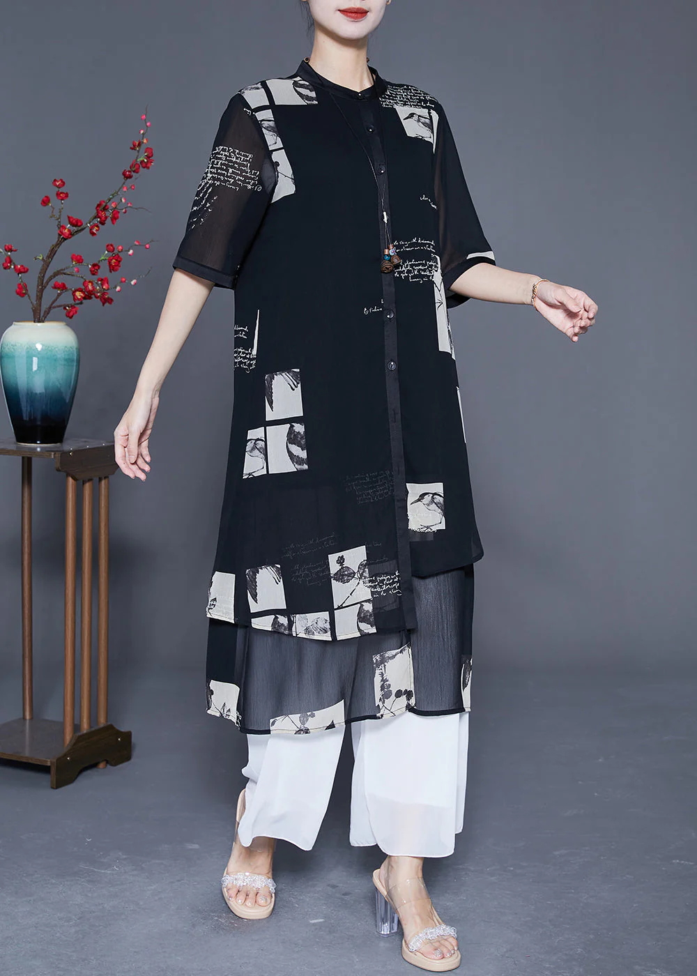 Modern Black Asymmetrical Patchwork Print Chiffon Shirt Dress Summer - Image 3