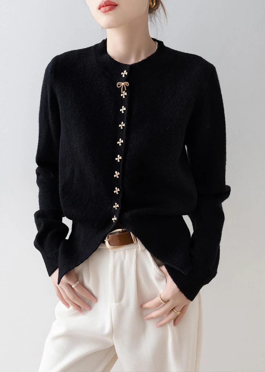 Modern Black Bow Button Side Open Knit Cardigan Winter - Image 3