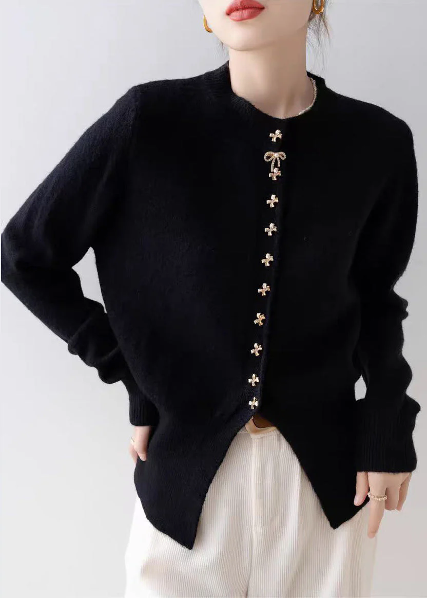 Modern Black Bow Button Side Open Knit Cardigan Winter - Image 4