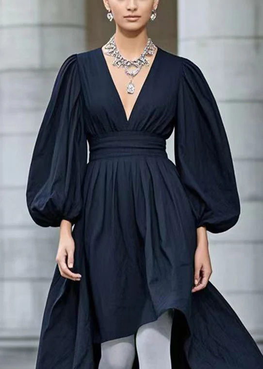 Modern Black Cinched Exra Large Hem Cotton Vacation Dresses Lantern Sleeve - Image 2