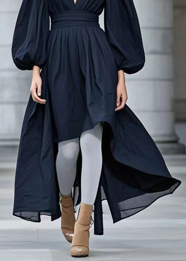 Modern Black Cinched Exra Large Hem Cotton Vacation Dresses Lantern Sleeve - Image 4