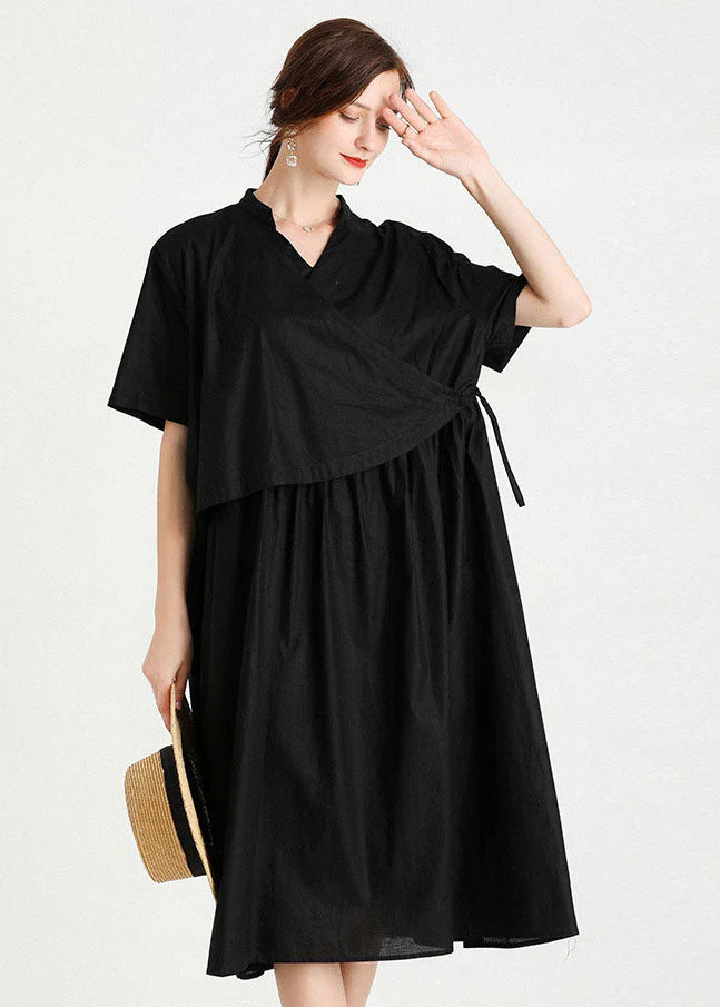 Modern Black Cinched Patchwork Cotton Dresses Short Sleeve - Image 3