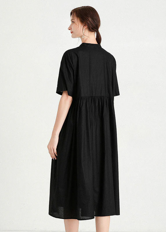Modern Black Cinched Patchwork Cotton Dresses Short Sleeve - Image 4